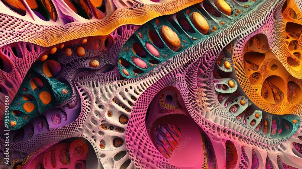 Poster intricate 3d fractal pattern with repeating geometric shapes and vibrant colors, ideal for modern ba