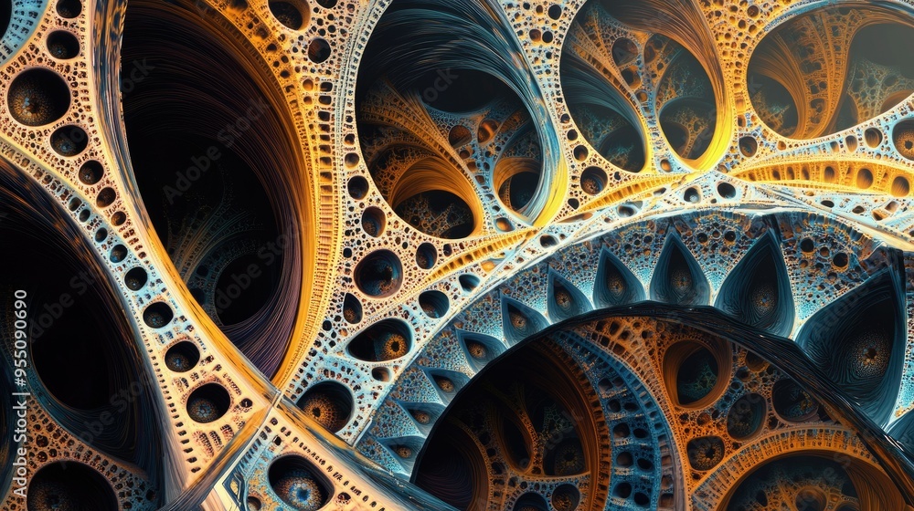 Poster intricate 3d fractal pattern with repeating geometric shapes and vibrant colors, ideal for modern ba