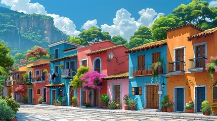 Colorful houses line a cobblestone street in a sunny, tropical town.