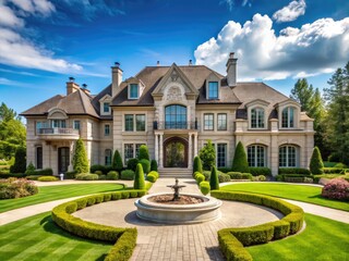 Elegant two-story modern mansion with sprawling grounds, ornate stone facade, grand entrance, and beautifully landscaped gardens under a bright blue sunny sky.