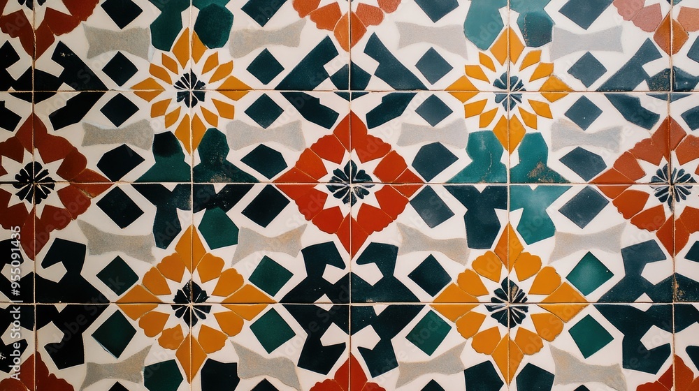 Poster moroccan-inspired tile pattern with intricate geometric designs and bold colors, creating an exotic 