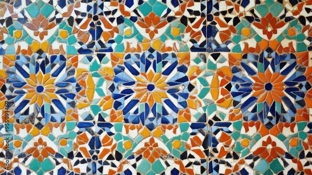 Poster moroccan-inspired tile pattern with intricate geometric designs and bold colors, creating an exotic 