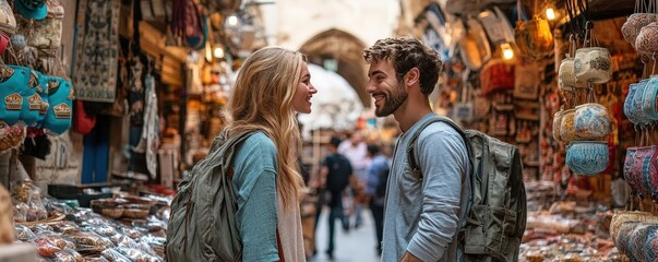 Obraz premium A couple exploring a market in a foreign country