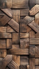 A detailed woven wooden background featuring a complex pattern, emphasizing the natural textures and shades of the timber