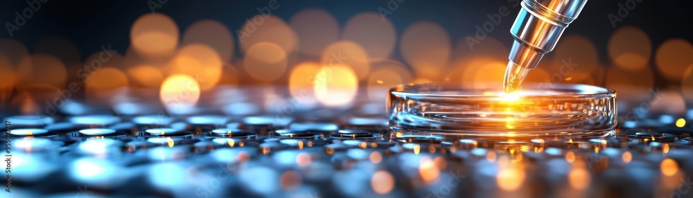 Poster a close-up view of a precise tool applying liquid onto a reflective surface, creating a luminous eff