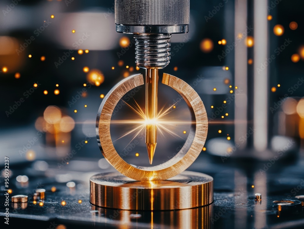 Aufkleber a glowing precision tool interacts with a circular object, showcasing craftsmanship and industrial c