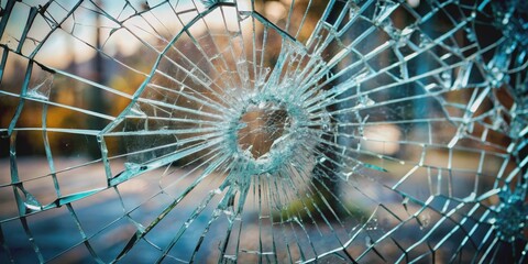 Close-up of a broken, shattered glass pane, shattered, cracked, smashed, fragments, sharp, danger