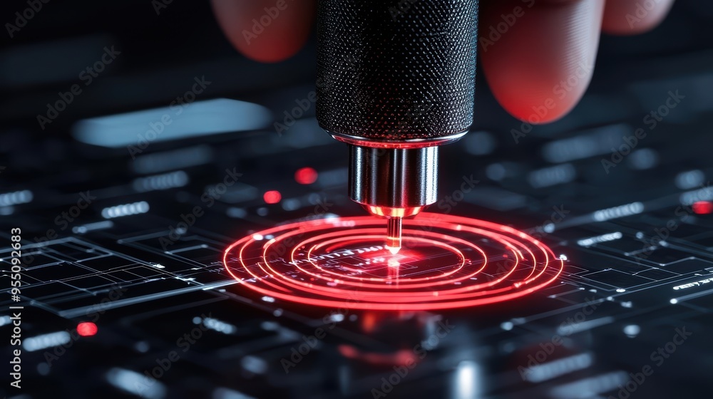 Poster close-up of a laser cutting tool creating precise designs on a digital surface with red light, showc