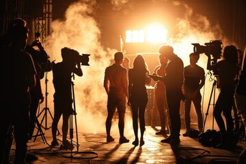 Fototapeta premium Backstage Comedy Film Set with Silhouetted Crew and Bright Backlighting for Film Production