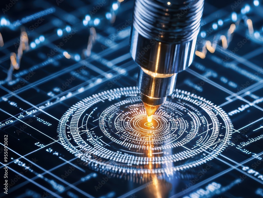 Poster close-up of a precision laser cutting technology creating intricate designs on a dark surface with g
