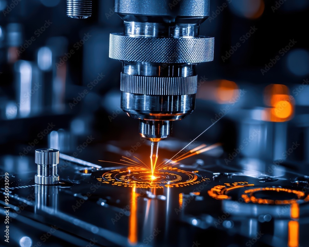 Poster close-up of a precision laser cutting machine processing intricate designs on a circuit board with g