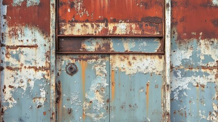 Rusty, abandoned warehouse with peeling paint and corroded metal structures, ideal for industrial backgrounds