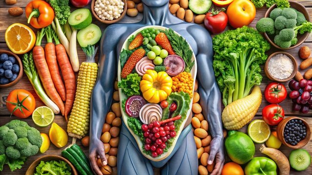 Fresh fruits and vegetables surround a detailed illustration of the human digestive system, highlighting the importance of nutrition for a healthy gut microbiome.
