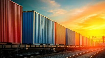 Obraz premium A row of shipping containers stacked high on a train, ready for transport across the country.