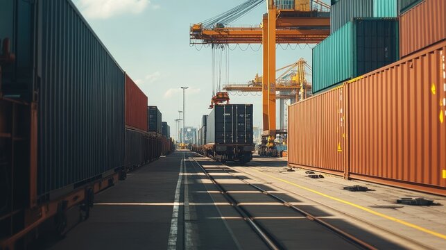 A shipping container being loaded onto a train at a port, ready for transport across the country.