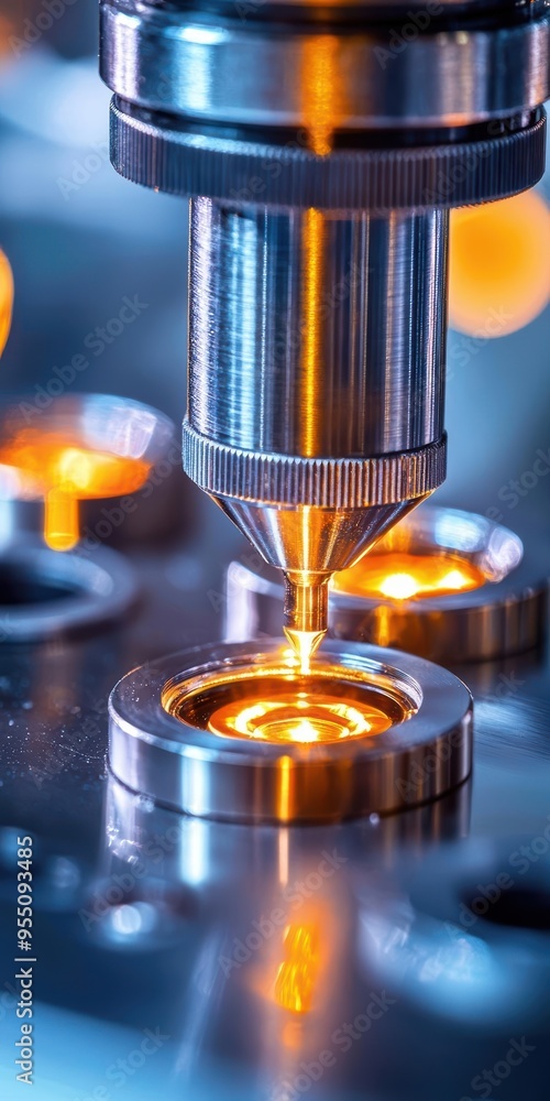 Poster close-up of a precision tool applying heat to a circular metal component in a modern manufacturing e