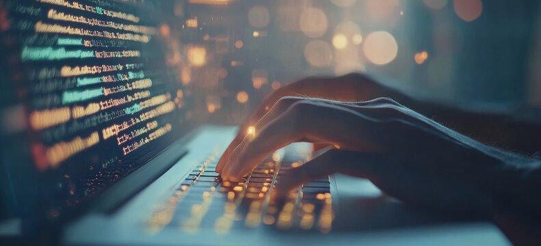 Concept of digital software technology development. Close-up of woman programmer coding HTML and programming on laptop