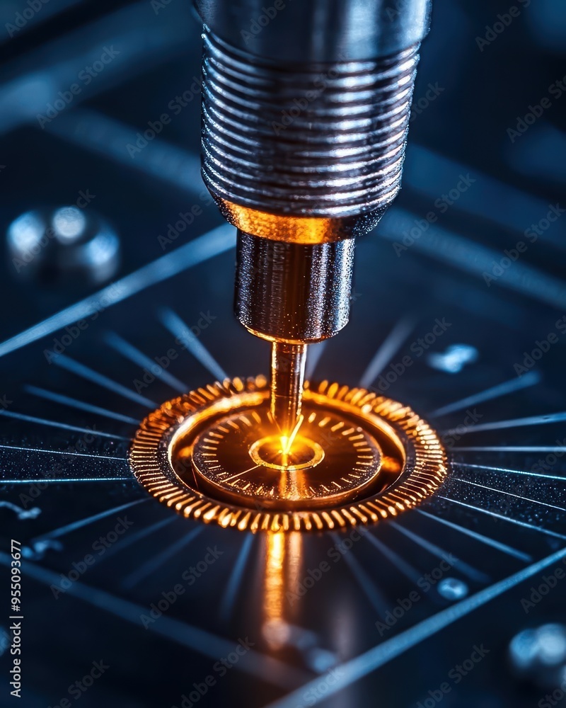 Poster close-up of a precision tool performing intricate engraving on a metallic surface, showcasing fine d