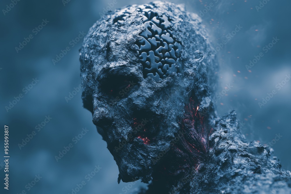 Poster emotional contagion cognitive control man with a frozen head and shattered brain symbolizing the fra