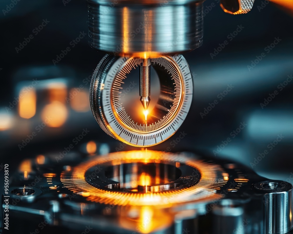 Poster close-up of precision machinery showcasing intricate gears and laser technology in a high-tech envir