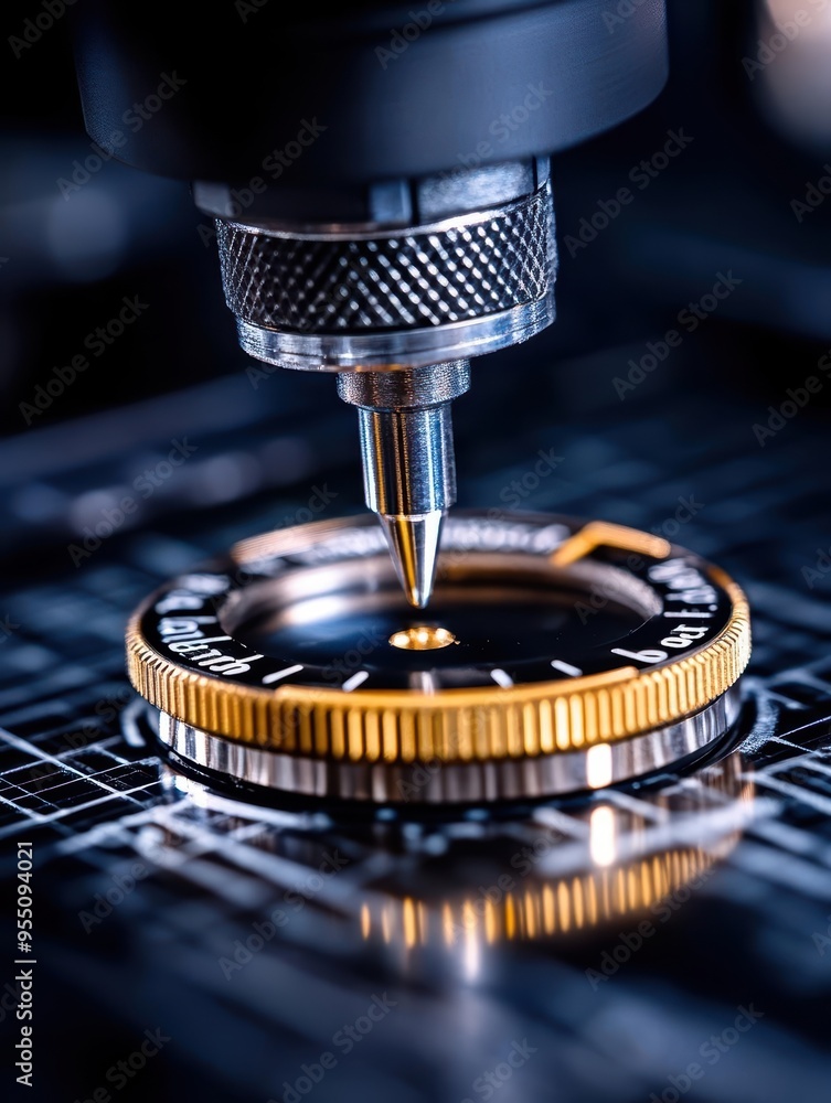 Poster close-up of precision machining process with a tool engraving a metallic surface, showcasing intrica