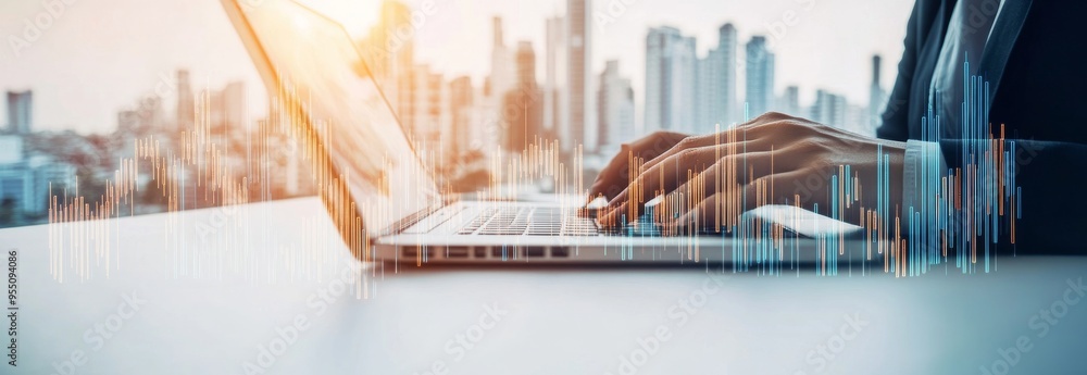 Poster an investment and business finance concept with a businessman using a laptop computer and an urban s