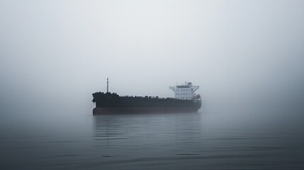 Obraz premium A cargo ship sailing through a misty morning, with its silhouette barely visible against the grey sky.