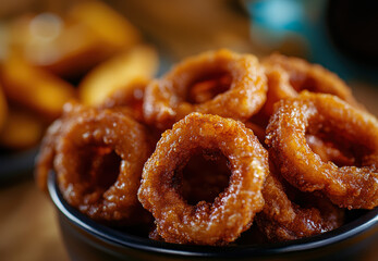 Naklejka premium A bowl of fried doughnuts with a brown glaze. The doughnuts are arranged in a circular pattern, with some of them having a hole in the middle. The bowl is placed on a wooden table