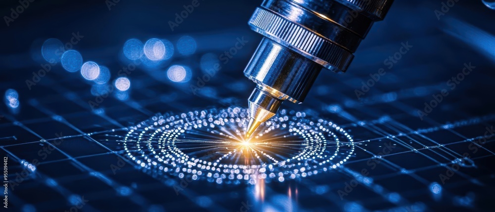 Poster close-up view of a precision tool engaging with a digital grid, igniting sparks of innovation and te