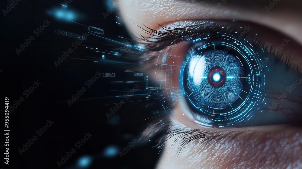 Poster biometric eye scan with holographic symbols, representing secure authentication, iris scan, technolo