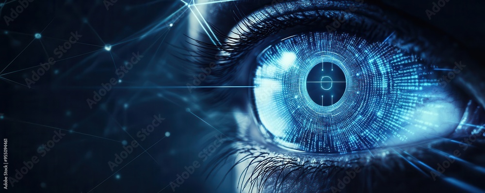 Poster abstract eye with encrypted data streams, biometric data protection, iris scan, technology privacy