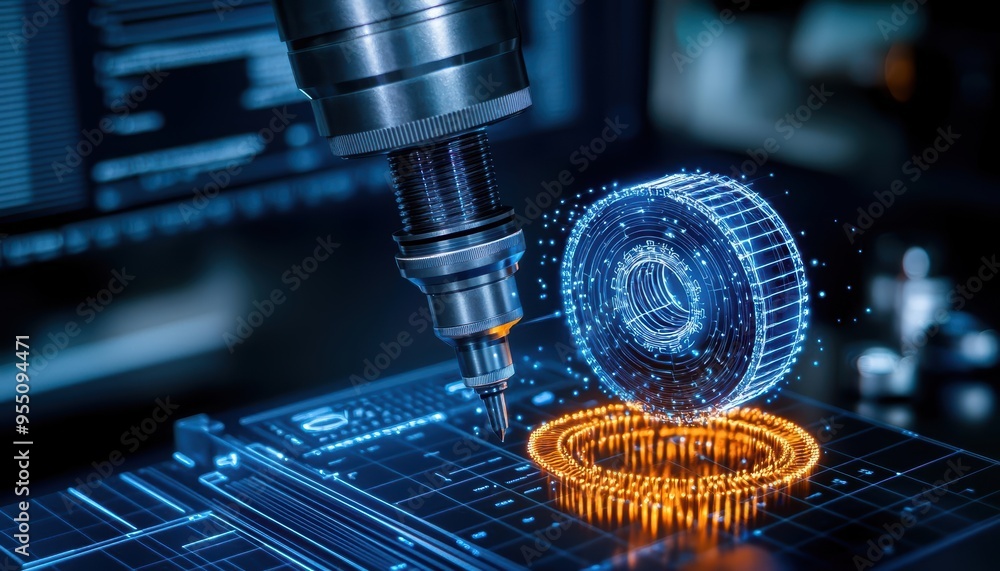 Poster futuristic machine tool processes a holographic gear on a digital interface, showcasing advanced eng