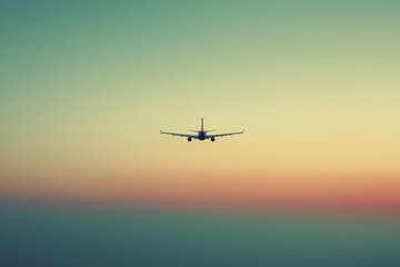 A tiny plane flying high above the horizon, with the vast sky around it stretching out in soft gradients.