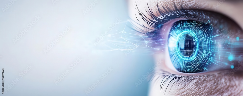 Poster eye linked to a digital network, representing secure biometric access, iris scan, technology privacy