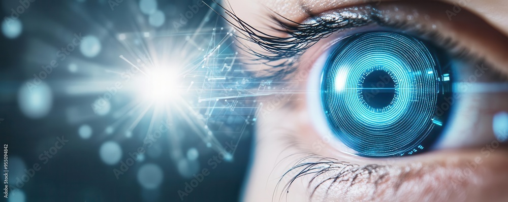 Poster eye reflected in a digital interface, depicting secure identity verification, iris scan, technology 