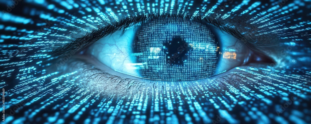 Poster eye reflected in a sea of binary code, data protection theme, iris scan, technology privacy