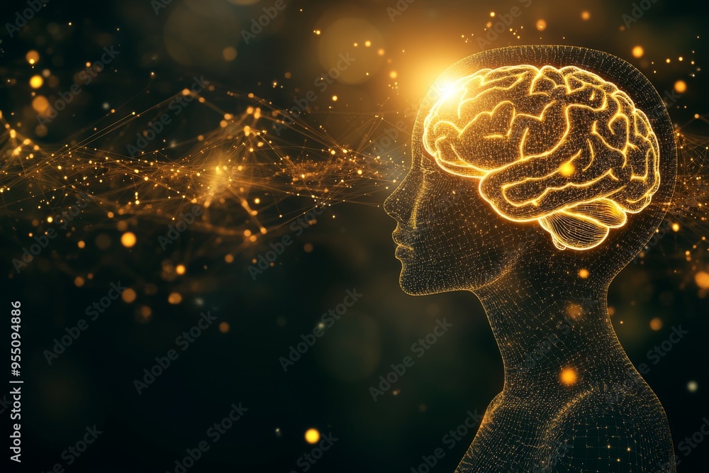 Poster brainwave synchronization cognitive control side profile of a woman with a glowing brain symbolizing