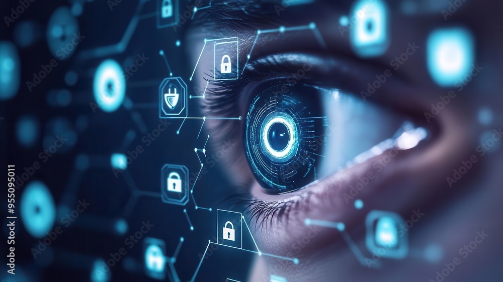 Poster eye surrounded by floating security icons, visualizing advanced privacy, iris scan, technology priva
