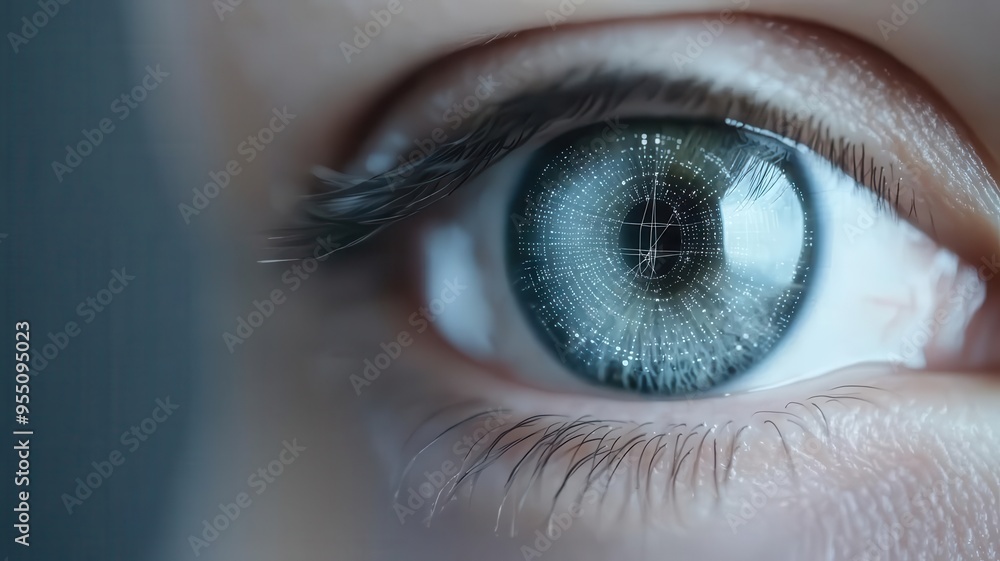 Poster eye surrounded by a web of digital data points, privacy encryption, iris scan, technology privacy