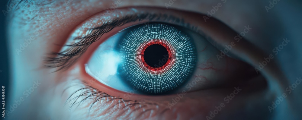 Aufkleber eye surrounded by a vortex of security codes, visualizing digital privacy, iris scan, technology pri