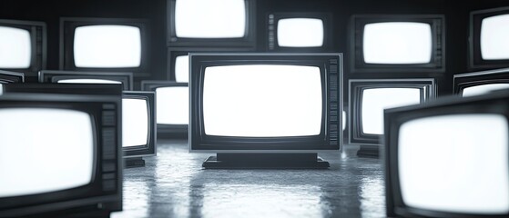 3D render of multiple TVs with white screens stacked vertically monochrome design strong visual impact futuristic industrial feel for cutting-edge technology presentations