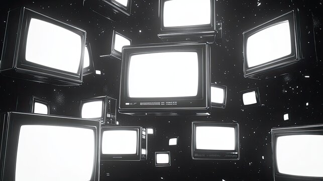3D render of multiple TVs with white screens floating in space monochrome design abstract futuristic atmosphere perfect for digital media showcases