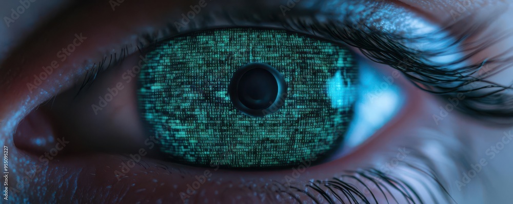 Poster holographic iris surrounded by data encryption layers, symbolizing cybersecurity, iris scan, technol