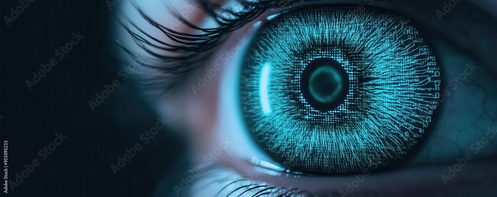 Poster holographic iris surrounded by data encryption layers, symbolizing cybersecurity, iris scan, technol