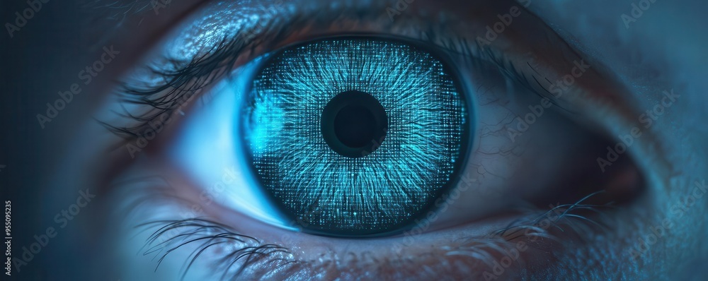 Poster holographic iris surrounded by data encryption layers, symbolizing cybersecurity, iris scan, technol