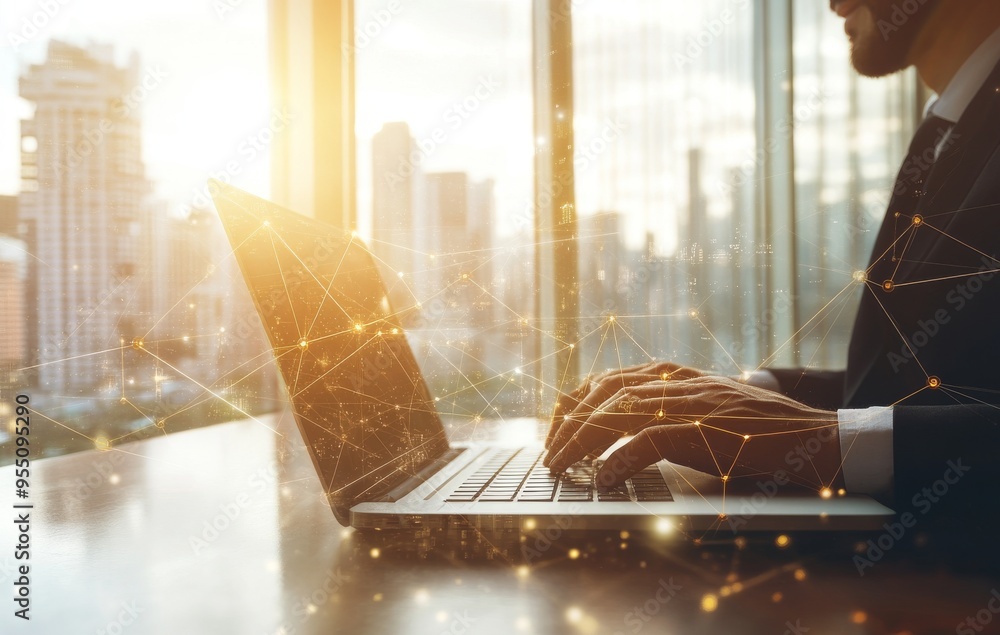 Poster concept of digital technology, internet network connection. a business woman works on a laptop compu
