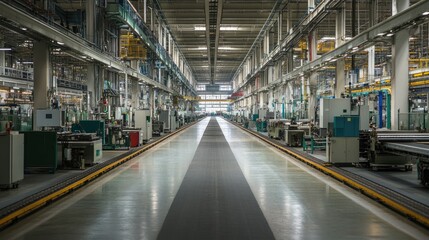 Fototapeta premium A vast, empty Chinese factory floor, with machinery and conveyor belts but no workers.