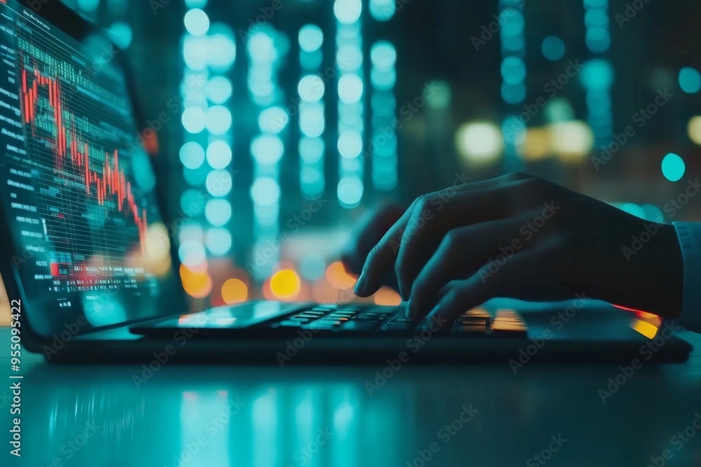 Canvas Prints Businessman working at his desk with a digital tablet and laptop computer and graph data documents displaying financial reports, business analysis concept, close up