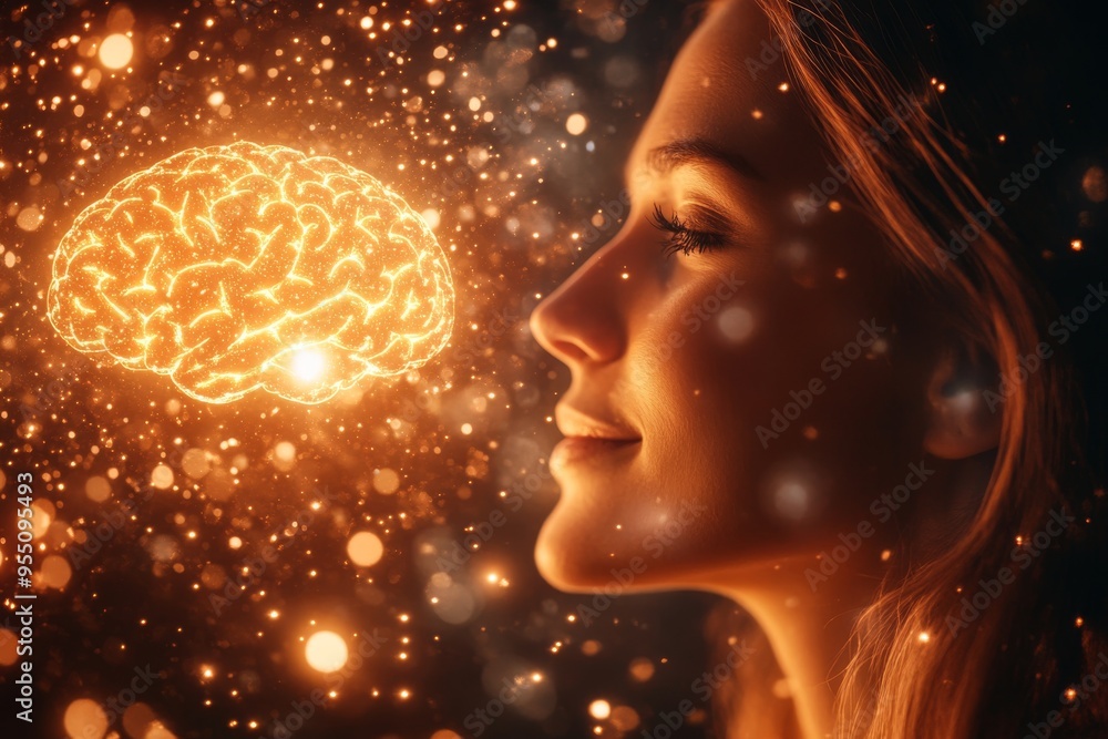 Poster brain to brain interface cognitive control side profile of a woman with a glowing brain symbolizing 