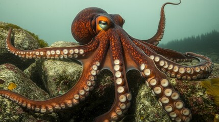 Obraz premium A vibrant octopus resting on rocks underwater, showcasing its unique colors and textures.